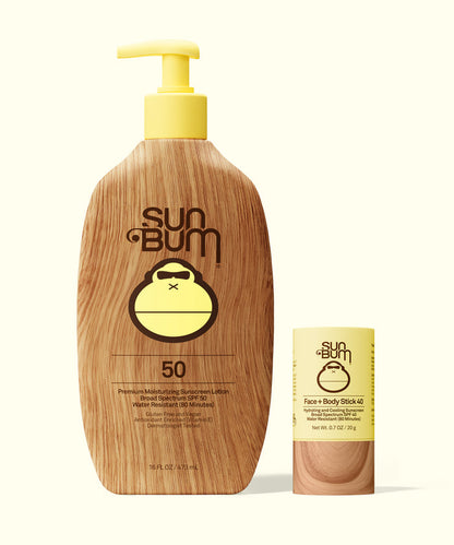 Sun Bum XL SPF 50 Lotion + Face and Body stick 40 with wood-inspired packaging and yellow pump dispenser.