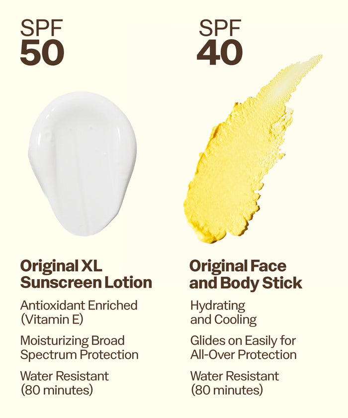Sun Bum XL SPF 50 Lotion + Face and Body stick 40 showing moisturizing lotion and hydrating stick texture with SPF labeled