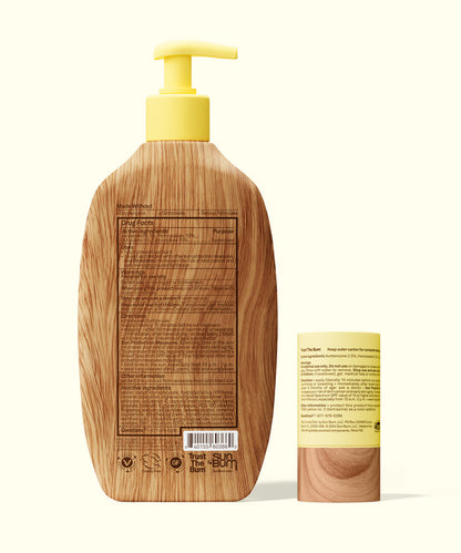 Back view of Sun Bum XL SPF 50 Lotion + Face and Body stick 40 with yellow pump and wood-textured packaging