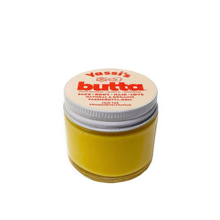 1 oz organic hair-and-body lotion jar, yellow balm with silver lid