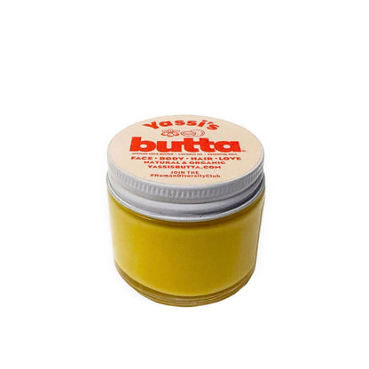 1 oz organic hair-and-body lotion jar, yellow balm with silver lid