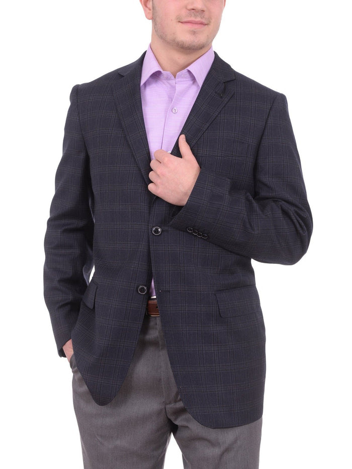 Zanetti BLAZERS Zanetti Classic Fit Navy Blue Plaid Two Button Wool Blazer Sportcoat