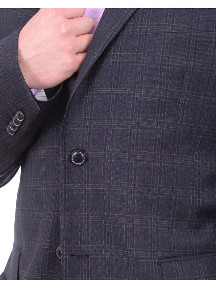 Zanetti BLAZERS Zanetti Classic Fit Navy Blue Plaid Two Button Wool Blazer Sportcoat