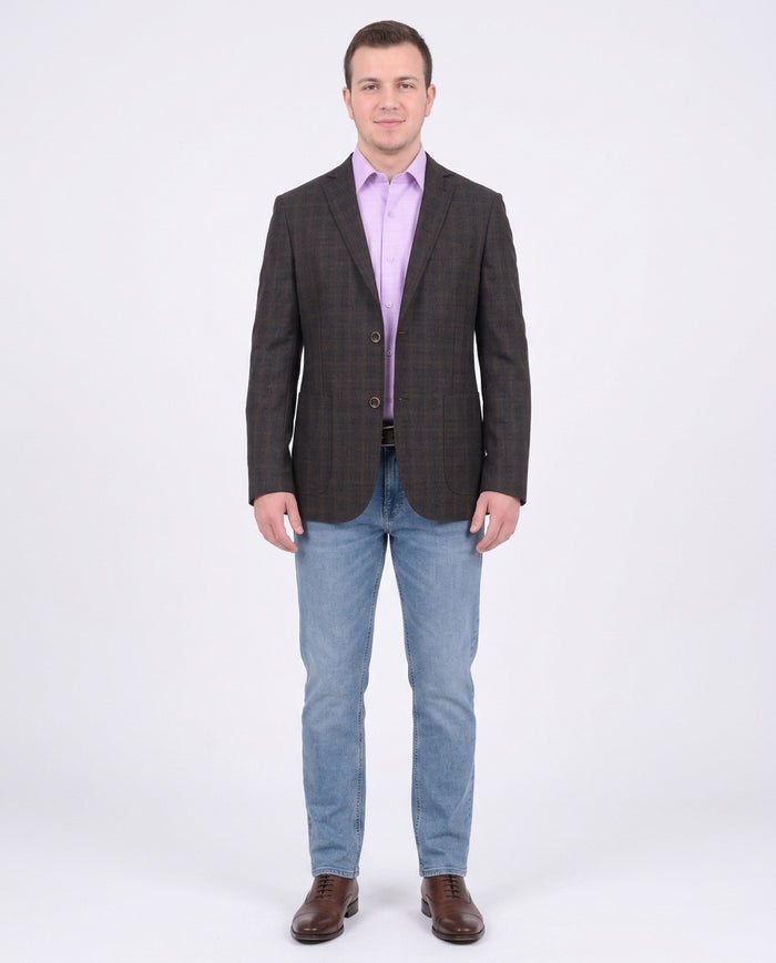Zanetti Modern Fit Brown Plaid Wool Blazer Sportcoat With Patch Pockets - The Suit Depot