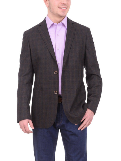 Zanetti BLAZERS Zanetti Modern Fit Brown Plaid Wool Blazer Sportcoat With Patch Pockets