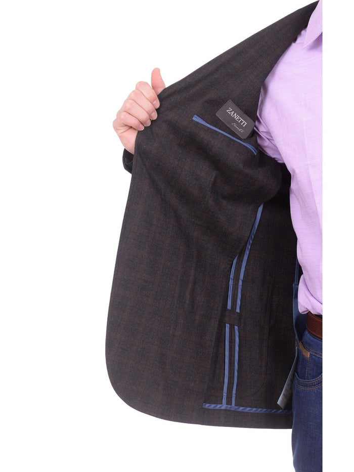 Zanetti BLAZERS Zanetti Modern Fit Brown Plaid Wool Blazer Sportcoat With Patch Pockets