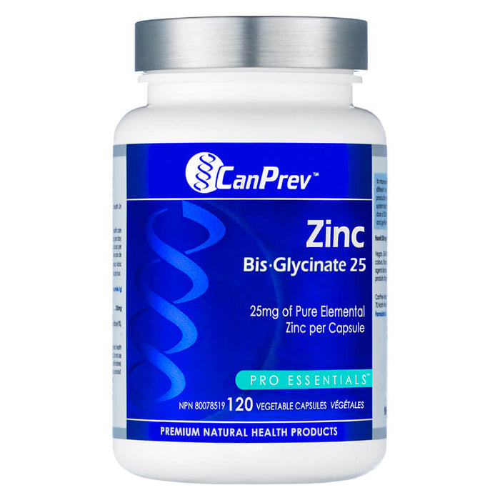 Bottle of CanPrev Zinc Bis-Glycinate 25 mg 120 Vegetable Capsules