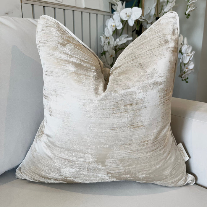 Zirconium Oyster & Gold Metallic Patterned Feather Filled Cushion - 50x50cm Textiles